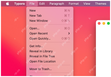 Typora 的 File 菜单展开，能看到新建、打开、保存和另存为入口。