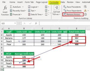 Excel 工作表中蓝色追踪箭头指向总计和平均值结果单元格