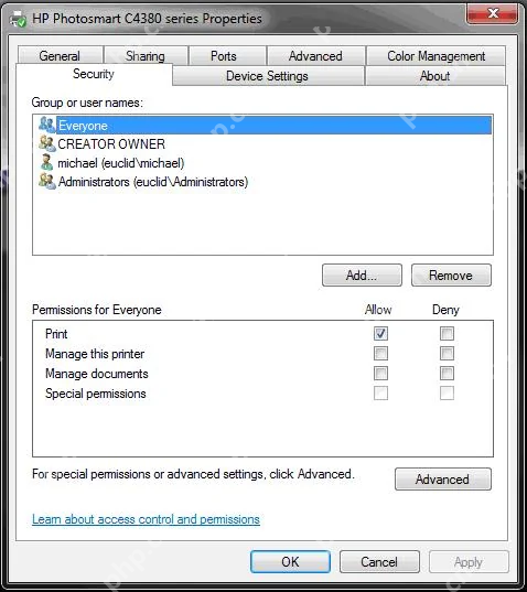 Windows 打印机属性安全选项卡设置 Everyone 打印权限