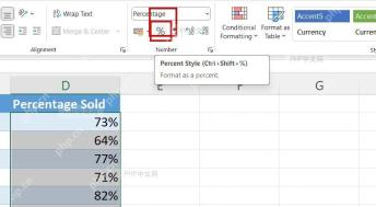 Excel 开始选项卡数字区域里的百分比样式按钮用于快速套用百分比格式