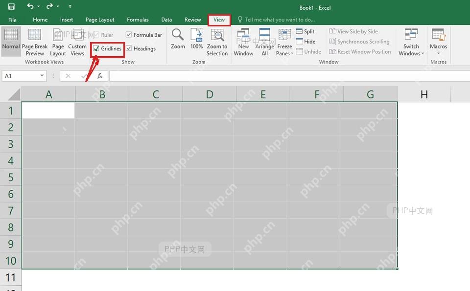 Excel 视图选项卡中显示网格线复选框已勾选,工作表区域可见浅灰网格线