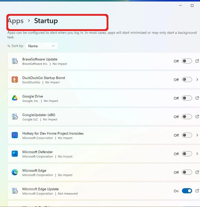 Windows 11 设置中的 Apps Startup 页面。