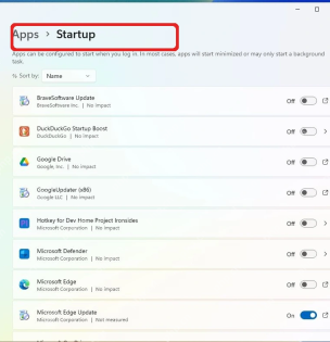 Windows 11 设置中的 Apps Startup 页面。
