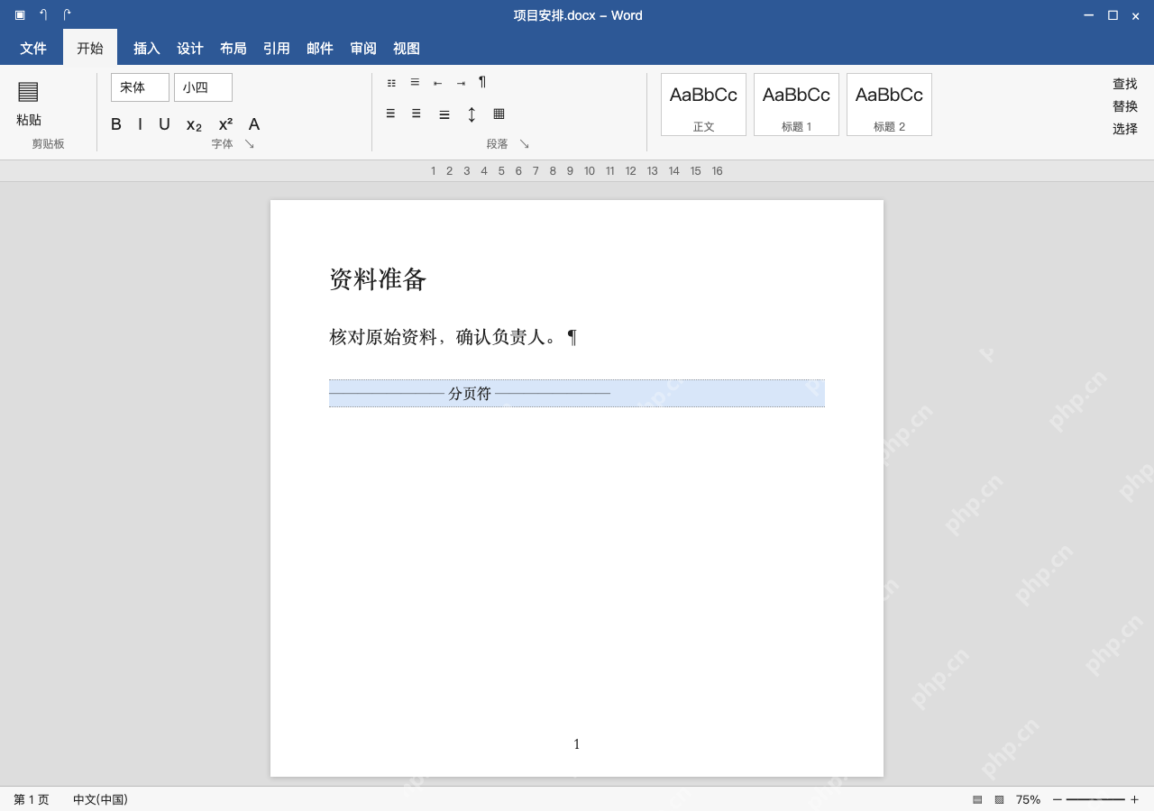 模拟 Microsoft Word 简体中文桌面版完整界面:只选中分页符,按 Delete