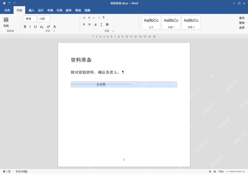 模拟 Microsoft Word 简体中文桌面版完整界面:只选中分页符,按 Delete