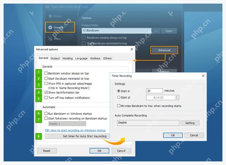 Bandicam Windows 常规高级选项中的自动录制设置