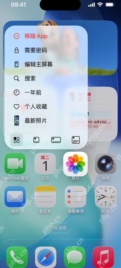 iPhone 主屏幕长按照片 App 入口后出现移除 App、需要密码、编辑主屏幕、搜索和照片快捷入口