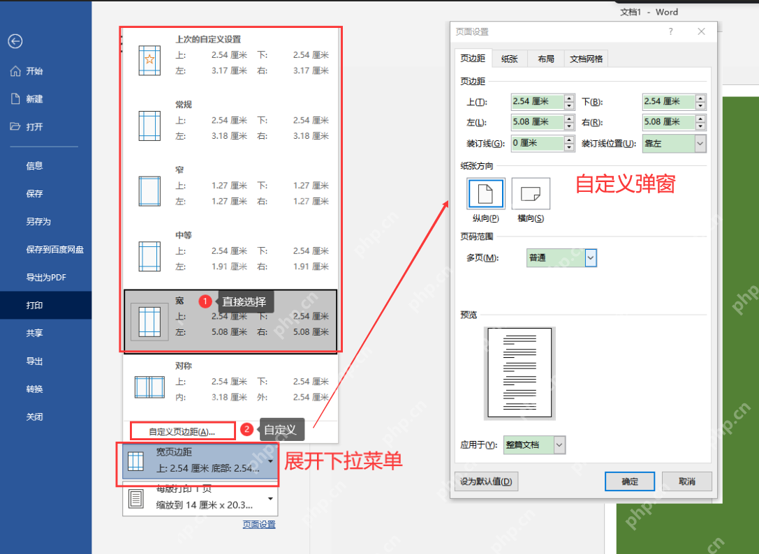 Word 打印界面中展开页边距并打开自定义页边距设置