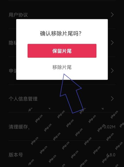 剪映确认移除片尾弹窗用蓝色箭头标出移除片尾按钮