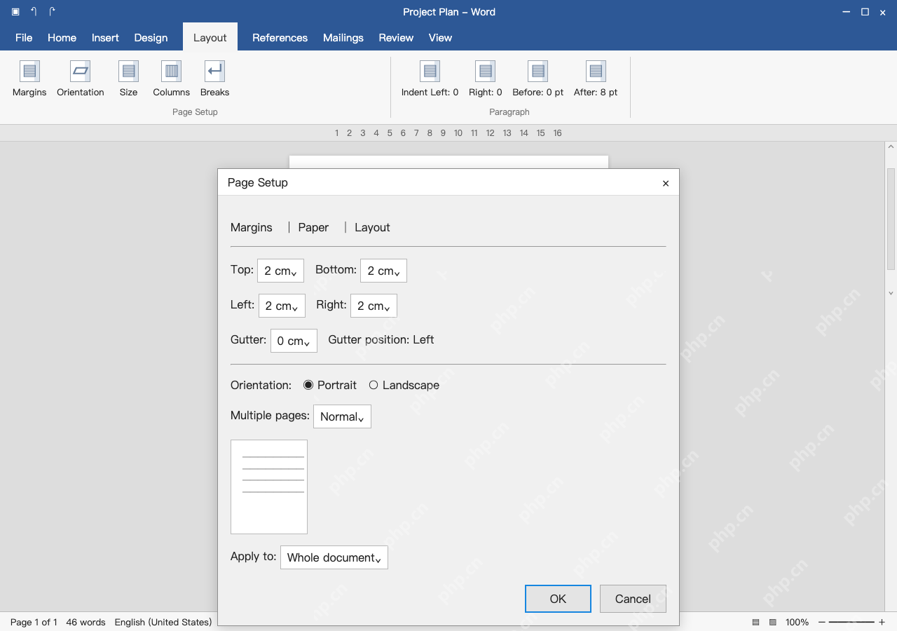 模拟 Microsoft Word完整窗口:四边输入 2 厘米,应用于整篇文档
