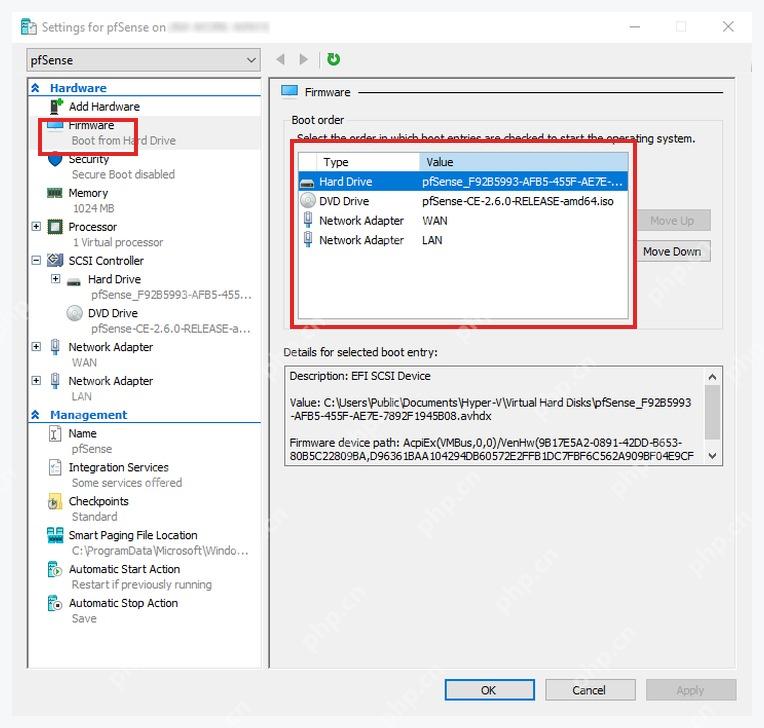 Hyper-V 虚拟机 Settings 的 Firmware 页面中调整 Boot order 启动顺序