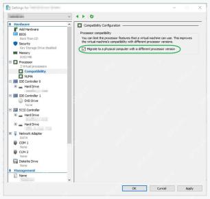 Hyper-V 虚拟机 Processor 兼容性页面中的处理器兼容模式复选框