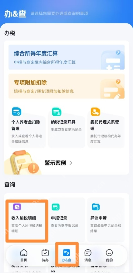 个人所得税App办查页收入纳税明细入口