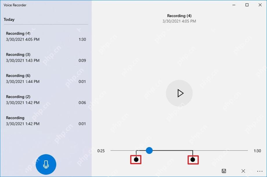 Win10 语音录音机剪裁界面中用左右手柄选择保留片段