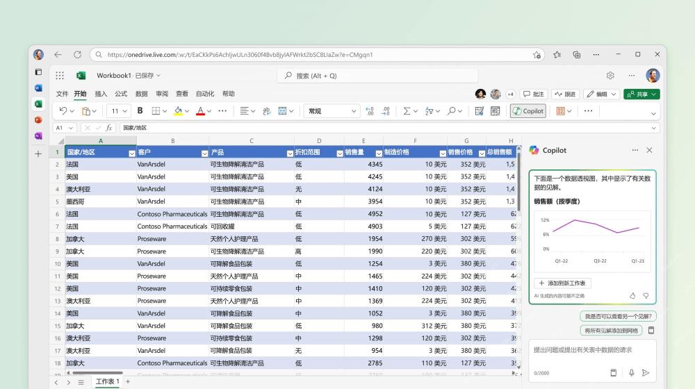 Excel 中 Copilot 识别表格数据并在右侧生成洞察