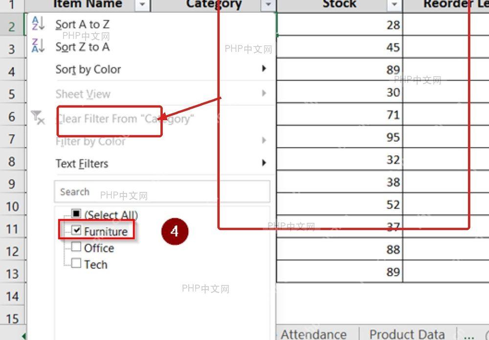 第四步:Excel 分类筛选列表中只保留 Furniture,并在右侧表格区域查看筛选结果所在位置