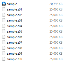 Windows 文件列表同时显示 sample.zip 与 sample.z01 到 sample.z10，证明分卷解压失败时需要把所有分卷放在同一目录并且从 sample.zip 这一卷开始。