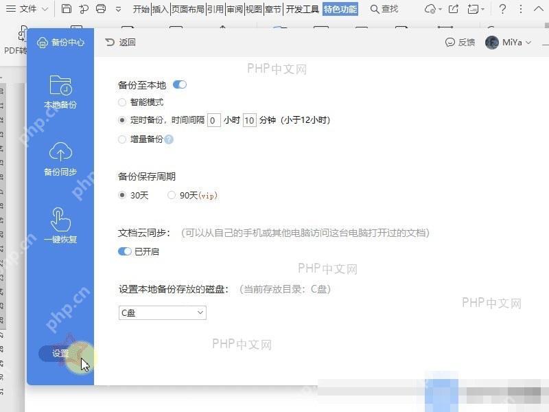 WPS 备份中心中打开本地备份设置