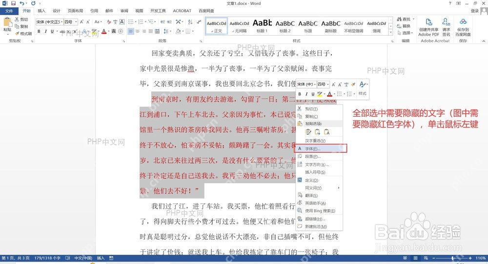 Word 中选中文字后打开字体菜单的界面