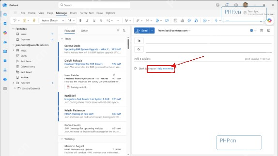 Outlook 撰写窗口中的 Copilot 起草入口，可从回复框里启动写作辅助