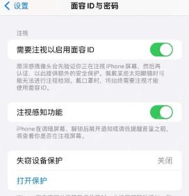 iPhone 面容 ID 与密码页面显示失窃设备保护为关闭,并提供打开保护入口