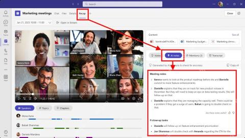Microsoft Teams 会议回顾页面和转录内容界面