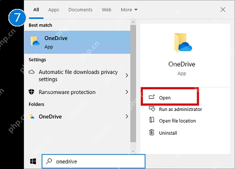 Microsoft 365 Windows 开始菜单搜索 OneDrive 并点击打开