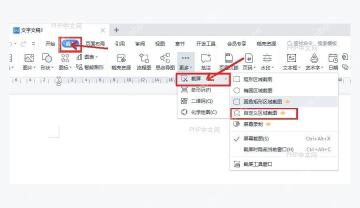 WPS 文字插入选项卡中展开截屏菜单并指向自定义区域截图入口