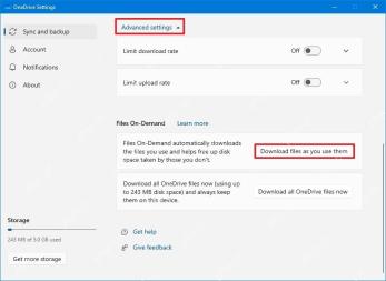 OneDrive Advanced settings 中的上传下载限速和 Files On-Demand 设置