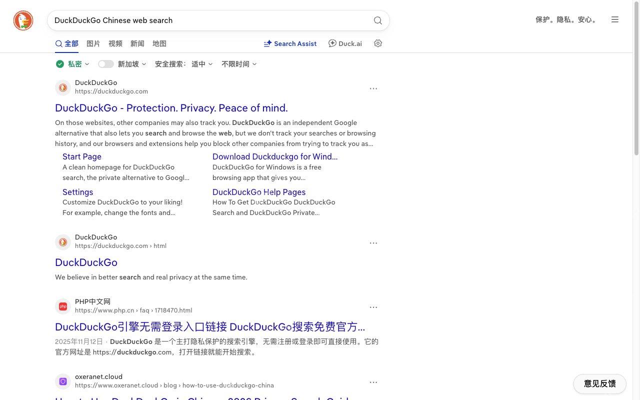 查看中文搜索结果对应的DuckDuckGo真实界面