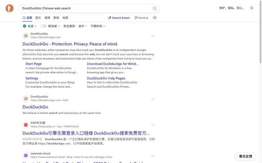 查看中文搜索结果对应的DuckDuckGo真实界面