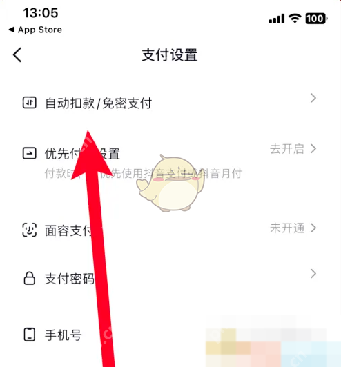 抖音支付设置页面的自动扣款免密支付入口,证明自动扣费管理所在位置