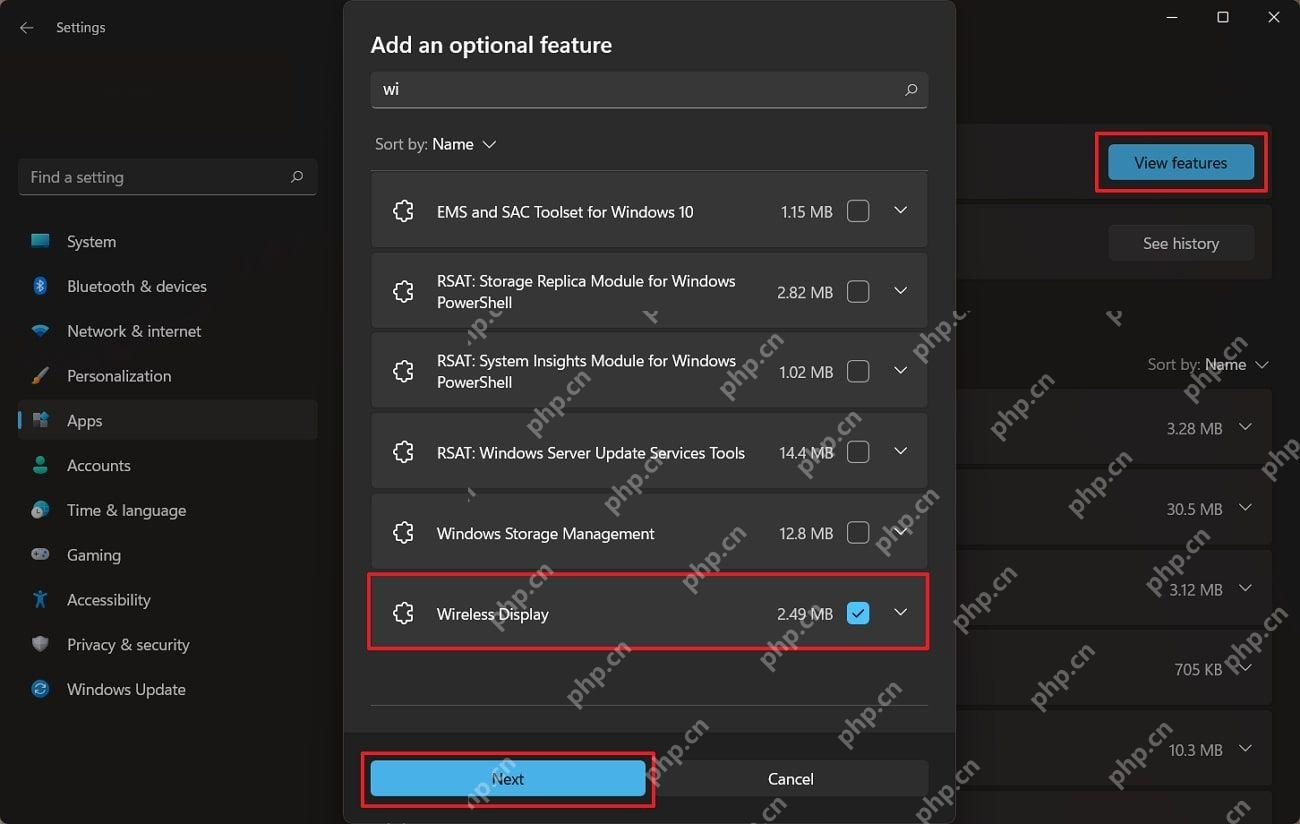 Windows 11 Optional features 中点击 View features 并勾选 Wireless Display