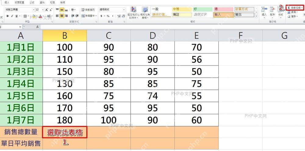 Excel 表格中选择需要计算平均值的数据区域