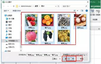 Excel 插入图片文件选择窗口,图片文件和插入按钮被标出