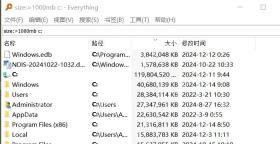 搜索框显示 size 条件,大小列展示大文件结果。 Everything 中文界面搜索框输入 size:>1000mb c:,结果区显示大文件。