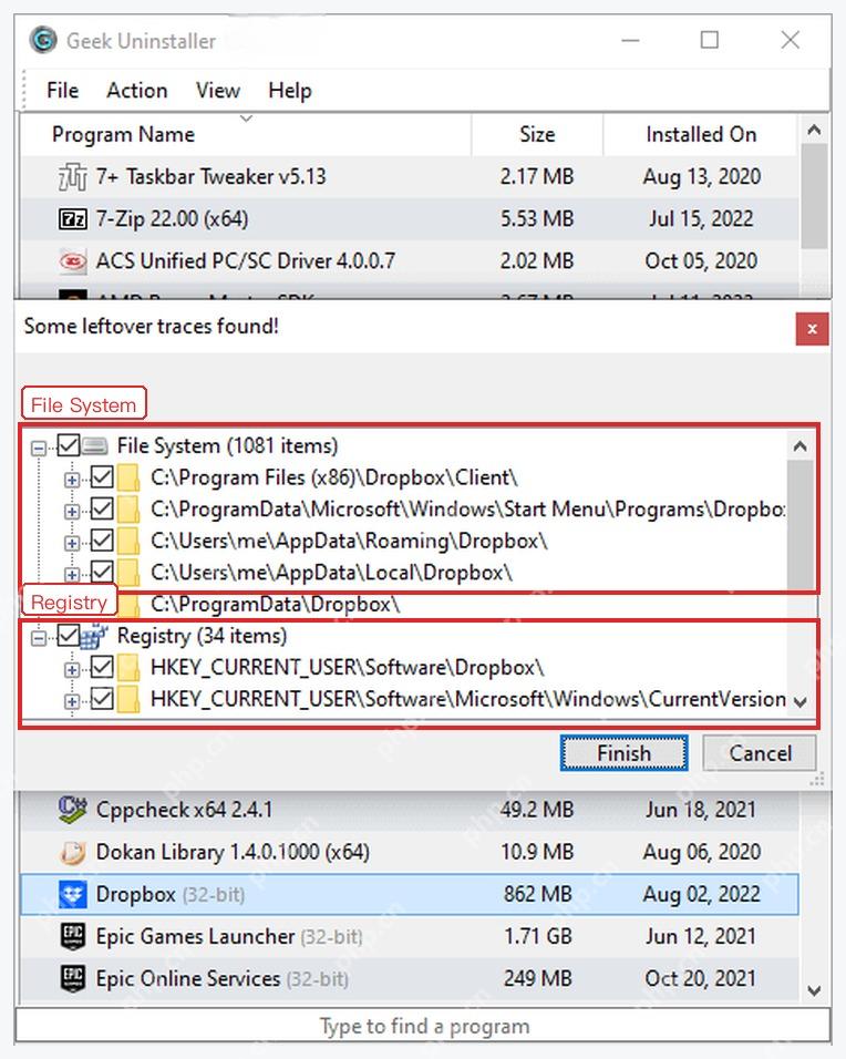 Geek Uninstaller 残留扫描窗口中的 File System 和 Registry 区域