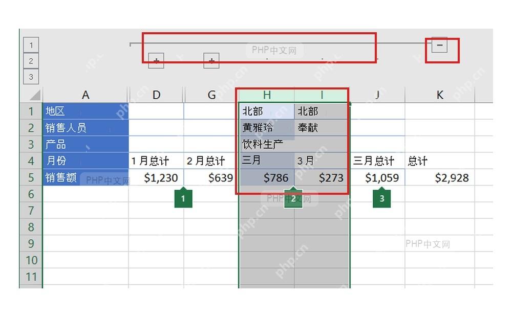 Excel工作表上方显示列分组后的加减号和层级按钮