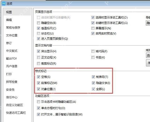 WPS文字选项中勾选空格制表符段落标记等格式标记