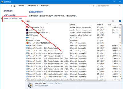 Win10 程序和功能窗口,红框和箭头指向启用或关闭 Windows 功能
