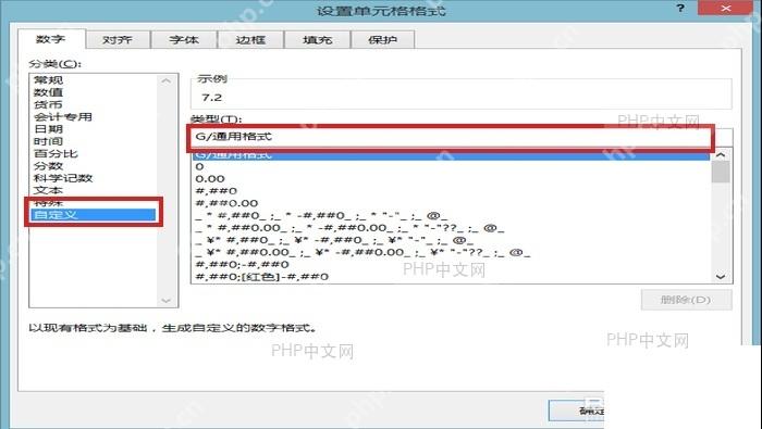 Excel 设置单元格格式窗口中数字页和自定义分类