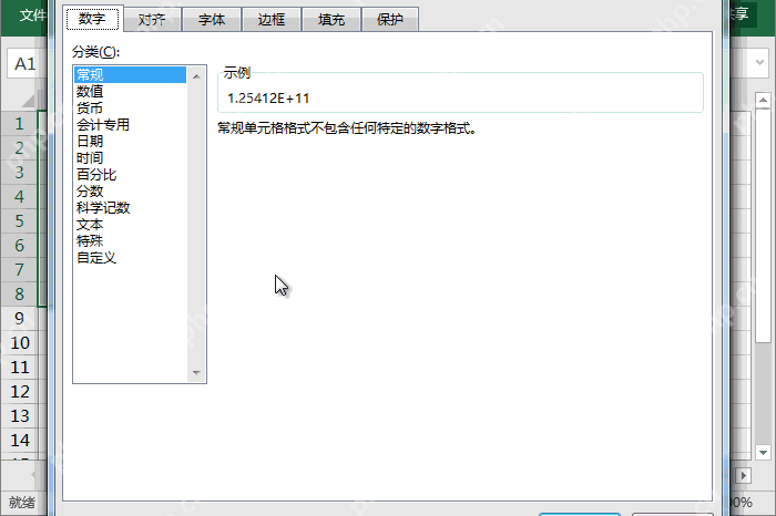 Excel设置单元格格式中常规分类显示科学记数示例