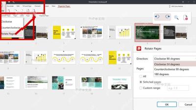 PDF 页面管理界面中打开 Rotate Pages 入口的示意图,红框标出 Organize Pages 和 Rotate Pages 菜单,服务第1步