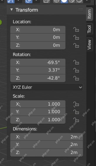 Blender Transform 面板中 Location、Rotation 和 Scale 参数位于右侧属性栏