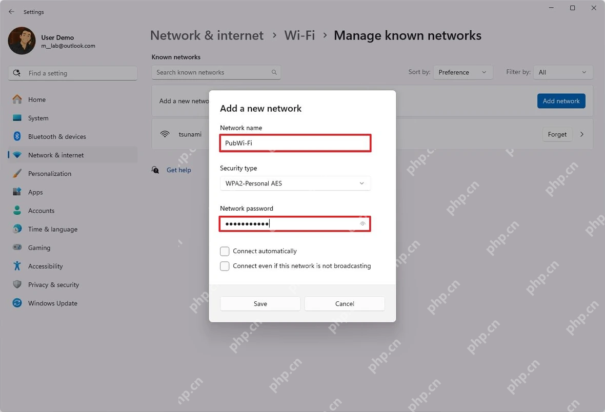 Win11 管理已知网络里添加新网络并填写名称和密码