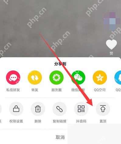 抖音作品操作面板中的置顶按钮