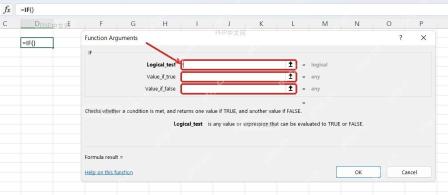 Excel IF函数参数窗口包含Logical_test Value_if_true Value_if_false三个输入框