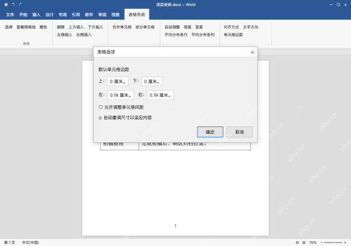 模拟 Microsoft Word 简体中文桌面版完整界面：可用宽度太小，检查单元格边距