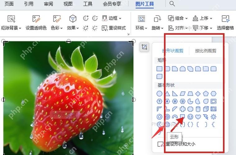 WPS裁剪下拉菜单中选择形状裁剪或按比例裁剪