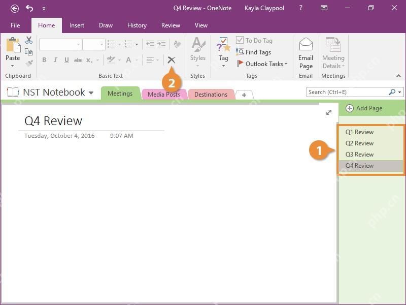 OneNote 页面列表中选中页面,用来确认删除前的笔记位置